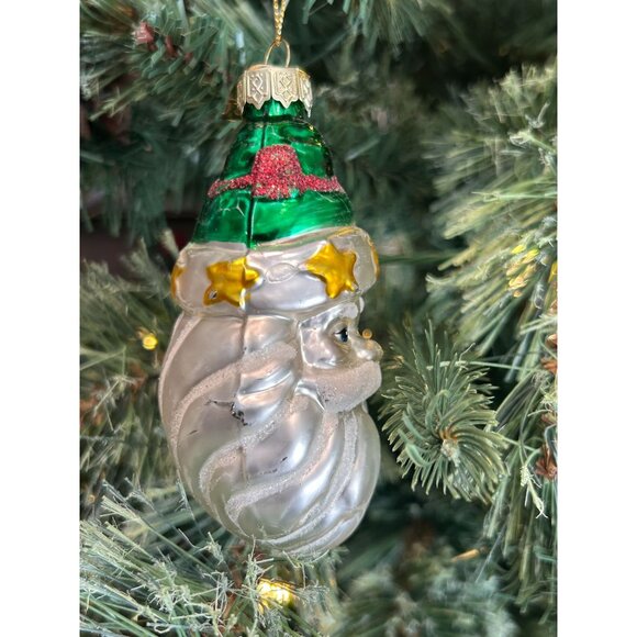 Vintage Thomas Pacconi Santa Ornament Glass Hand-Blown Green Hat Gold Stars Chri - Picture 2 of 5